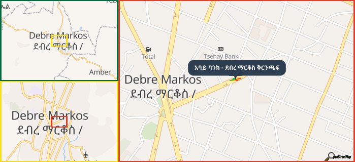 Map showing the address of አባይ ባንክ - ደብረ ማርቆስ ቅርንጫፍ in three different zoom levels.