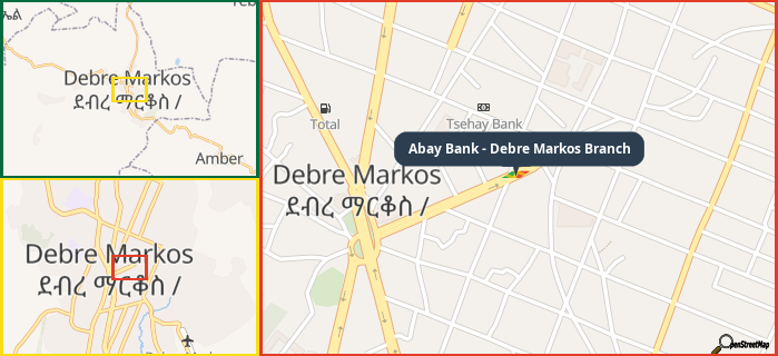Map showing the address of Abay Bank - Debre Markos Branch in three different zoom levels.