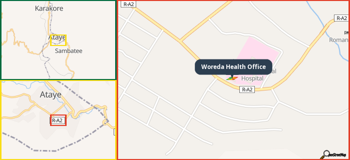 Map showing the address of Woreda Health Office in three different zoom levels.