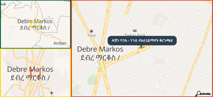 Map showing the address of ዳሸን ባንክ - ንጉስ ተክለኃይማኖት ቅርንጫፍ in three different zoom levels.