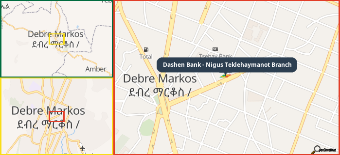 Map showing the address of Dashen Bank - Nigus Teklehaymanot Branch in three different zoom levels.