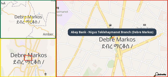 Map showing the address of Abay Bank - Nigus Teklehaymanot Branch (Debre Markos) in three different zoom levels.
