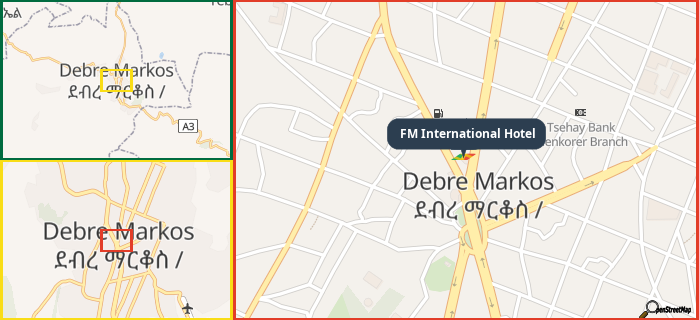 Map showing the address of FM International Hotel in three different zoom levels.