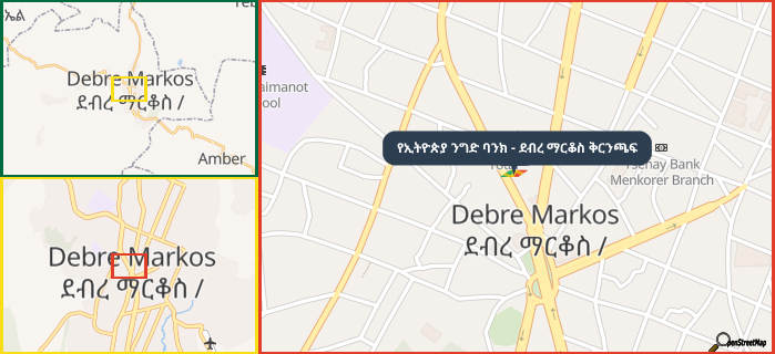 Map showing the address of የኢትዮጵያ ንግድ ባንክ - ደብረ ማርቆስ ቅርንጫፍ in three different zoom levels.
