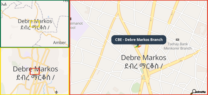 Map showing the address of CBE - Debre Markos Branch in three different zoom levels.