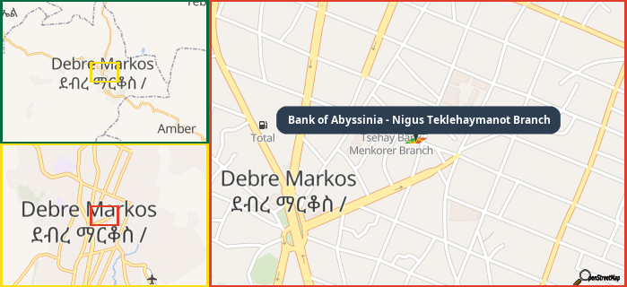 Map showing the address of Bank of Abyssinia - Nigus Teklehaymanot Branch in three different zoom levels.
