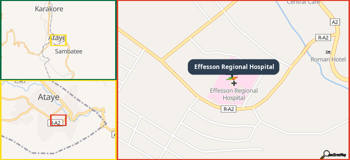 Map showing the address of Effesson Regional Hospital in three different zoom levels.