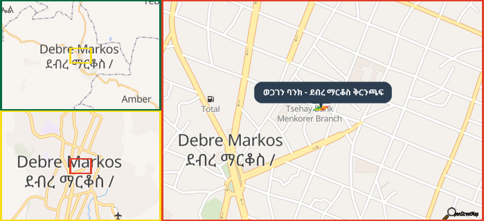Map showing the address of ወጋገን ባንክ - ደብረ ማርቆስ ቅርንጫፍ in three different zoom levels.