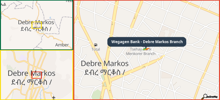 Map showing the address of Wegagen Bank - Debre Markos Branch in three different zoom levels.