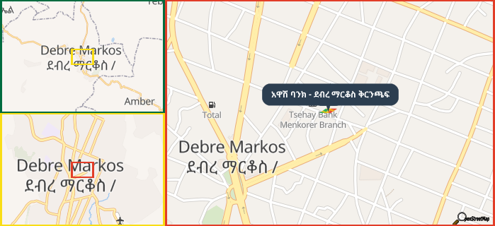 Map showing the address of አዋሽ ባንክ - ደብረ ማርቆስ ቅርንጫፍ in three different zoom levels.