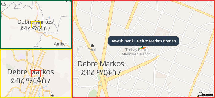 Map showing the address of Awash Bank - Debre Markos Branch in three different zoom levels.