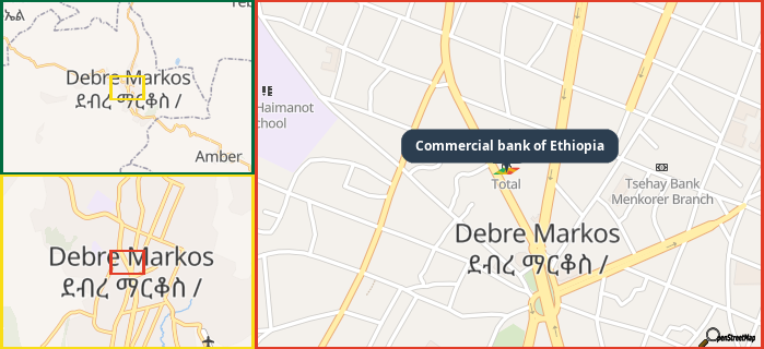Map showing the address of Commercial bank of Ethiopia in three different zoom levels.