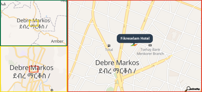 Map showing the address of Fikreselam Hotel in three different zoom levels.