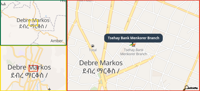 Map showing the address of Tsehay Bank Menkorer Branch in three different zoom levels.