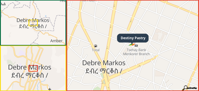 Map showing the address of Destiny Pastry in three different zoom levels.