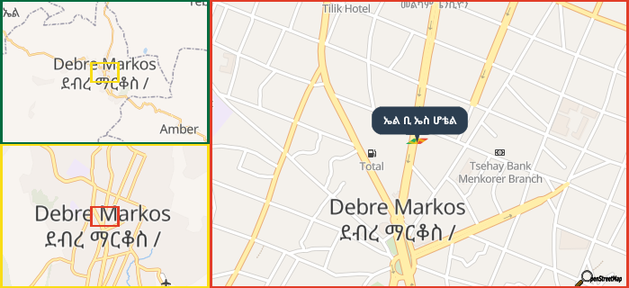 Map showing the address of ኤል ቢ ኤስ ሆቴል in three different zoom levels.
