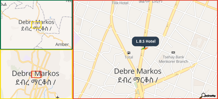 Map showing the address of L.B.S Hotel in three different zoom levels.
