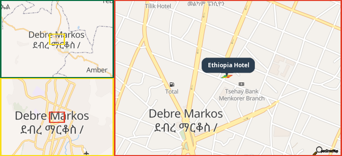 Map showing the address of Ethiopia Hotel in three different zoom levels.