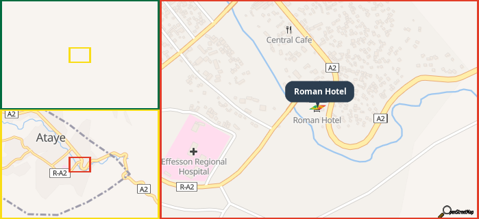 Map showing the address of Roman Hotel in three different zoom levels.