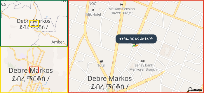 Map showing the address of ትንሳኤ ባር እና ሬስቶራንት in three different zoom levels.
