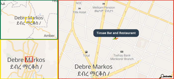Map showing the address of Tinsae Bar and Restaurant in three different zoom levels.