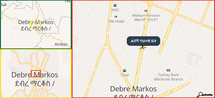 Map showing the address of ሐበሻ ባህላዊ ቤት in three different zoom levels.