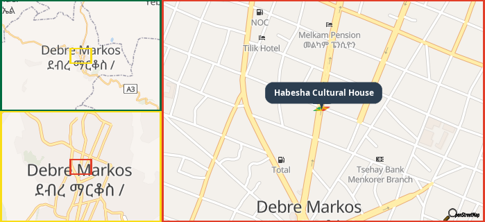 Map showing the address of Habesha Cultural House in three different zoom levels.