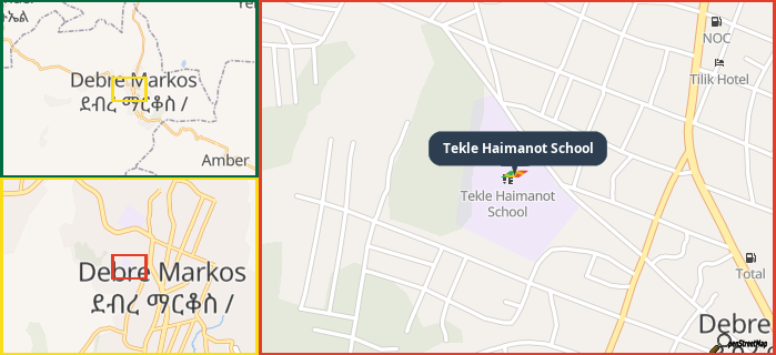 Map showing the address of Tekle Haimanot School in three different zoom levels.
