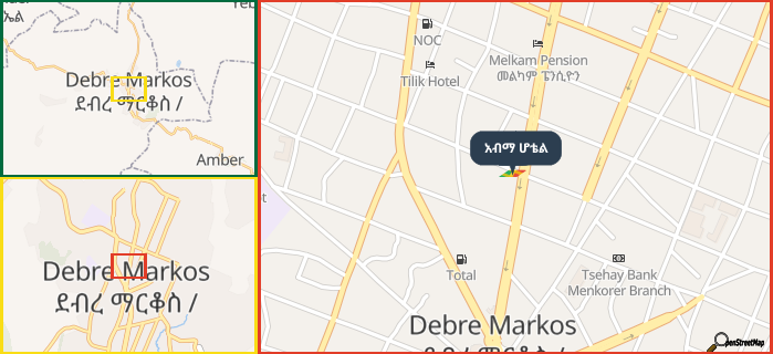 Map showing the address of አብማ ሆቴል in three different zoom levels.