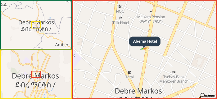 Map showing the address of Abema Hotel in three different zoom levels.