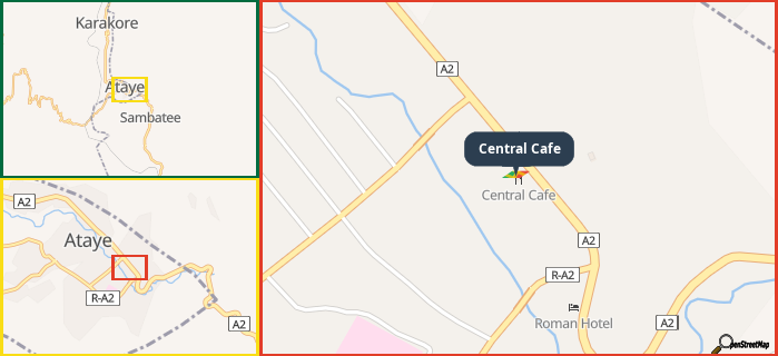 Map showing the address of Central Cafe in three different zoom levels.