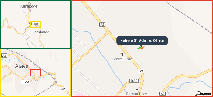 Map showing the address of Kebele 01 Admin. Office in three different zoom levels.