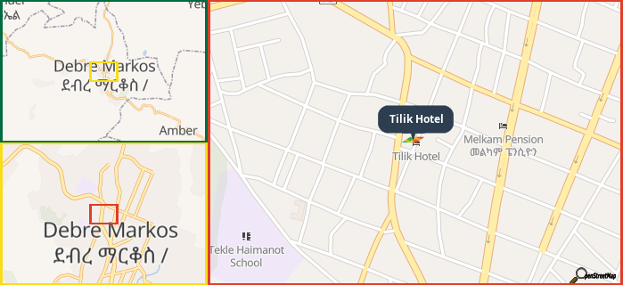 Map showing the address of Tilik Hotel in three different zoom levels.