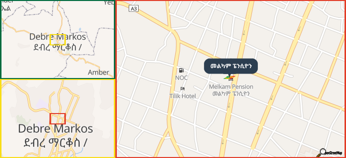 Map showing the address of መልካም ፔንሲዮን in three different zoom levels.