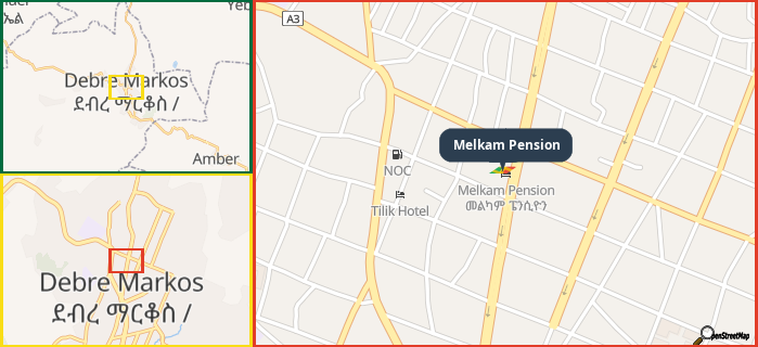 Map showing the address of Melkam Pension in three different zoom levels.