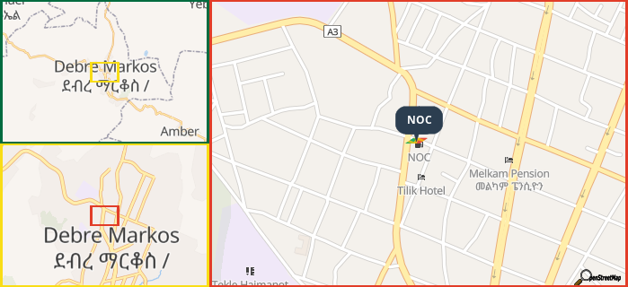 Map showing the address of NOC in three different zoom levels.