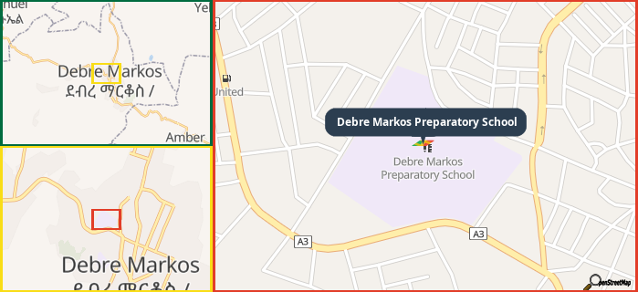 Map showing the address of Debre Markos Preparatory School in three different zoom levels.