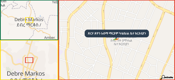 Map showing the address of ጽርሃ ጽዮን አብማ ማርያም ካቴደራል ቤተ ክርስቲያን in three different zoom levels.