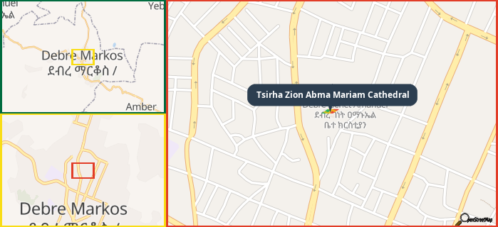Map showing the address of Tsirha Zion Abma Mariam Cathedral in three different zoom levels.