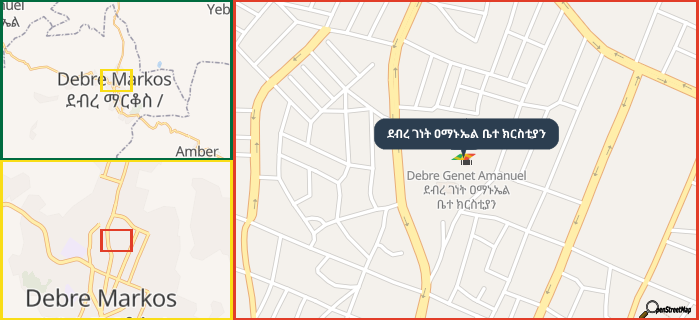 Map showing the address of ደብረ ገነት ዐማኑኤል ቤተ ክርስቲያን in three different zoom levels.