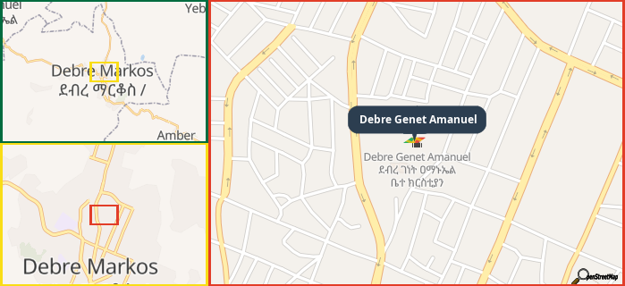 Map showing the address of Debre Genet Amanuel in three different zoom levels.