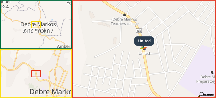 Map showing the address of United in three different zoom levels.