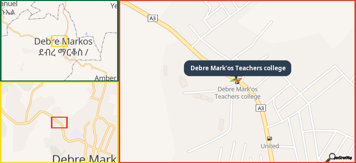 Map showing the address of Debre Mark'os Teachers college in three different zoom levels.