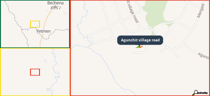 Map showing the address of Agunchit village road in three different zoom levels.