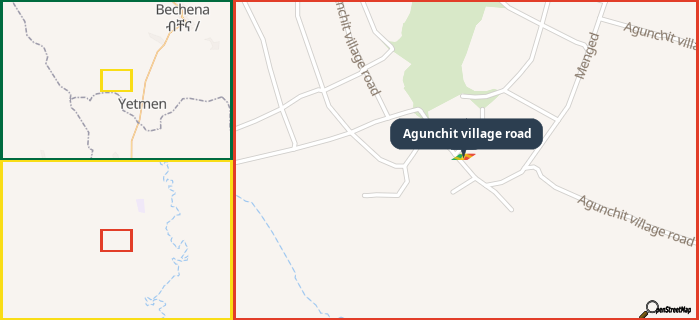 Map showing the address of Agunchit village road in three different zoom levels.