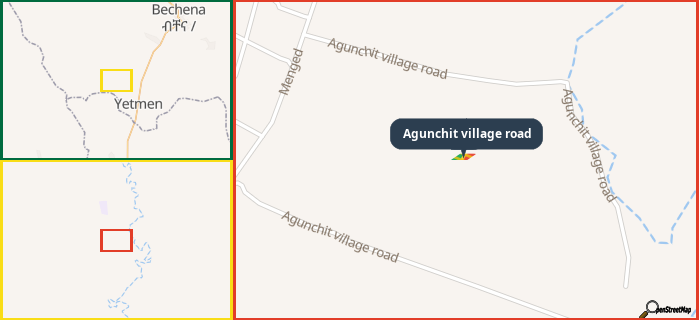 Map showing the address of Agunchit village road in three different zoom levels.