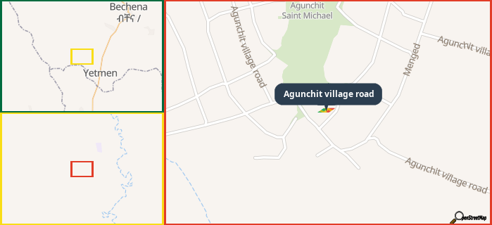 Map showing the address of Agunchit village road in three different zoom levels.