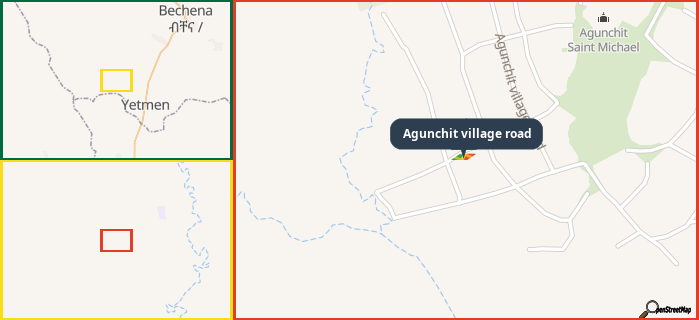 Map showing the address of Agunchit village road in three different zoom levels.