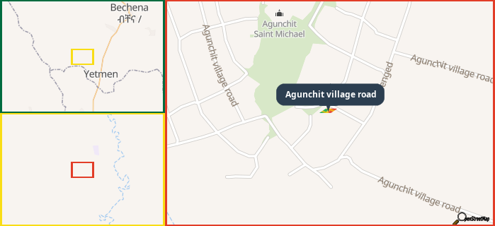 Map showing the address of Agunchit village road in three different zoom levels.