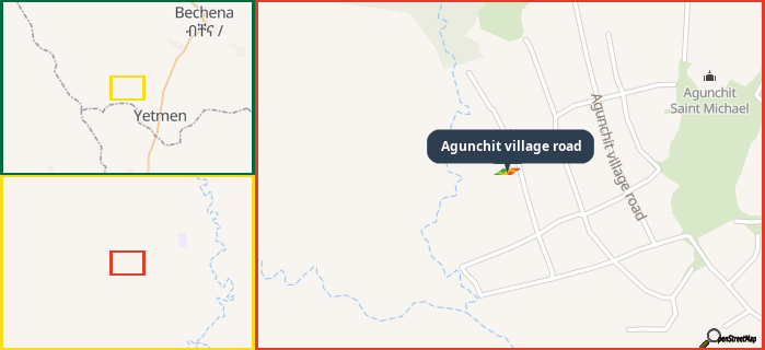 Map showing the address of Agunchit village road in three different zoom levels.